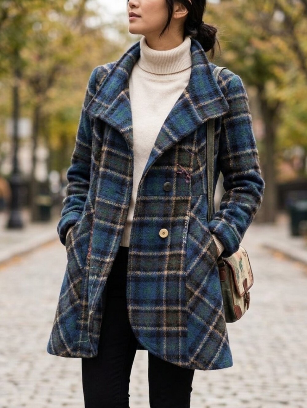 Joe Browns Plaid Trench Coat Blue Green Tweed Patchwork Jacket Size US 14